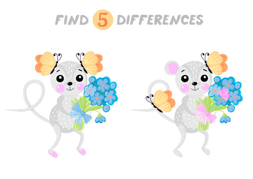 Find five differences between two pictures with adorable mice with butterflies and bouquets of flowers. Educational game for children
