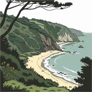 Serene beach scene with sandy shore and rocky cliffs surrounded by lush greenery and trees on a sunny day