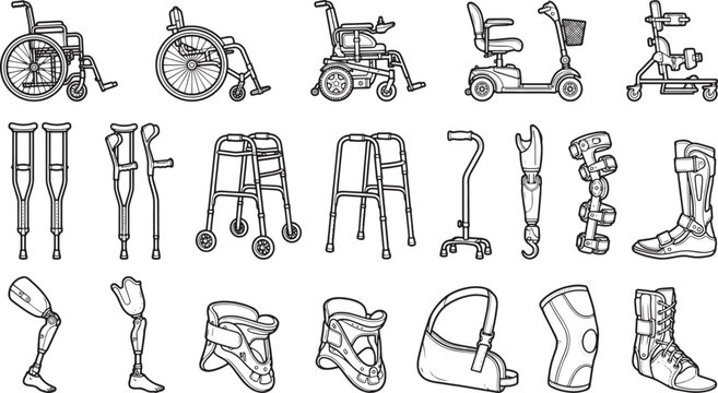 Collection of mobility aids, capturing the essence of diverse assistive devices for individuals.