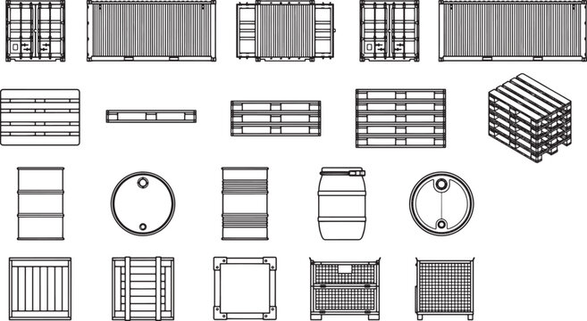 Industrial top-down blueprint illustration, showcasing shipping containers, wooden pallets and barrels.