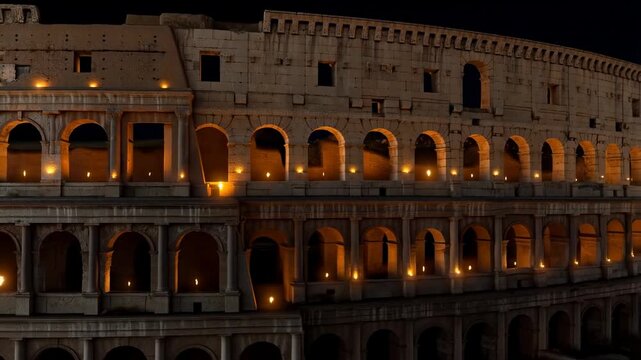Tracking aerial pan shot of colosseum sweeping across illuminated exterior at night in rome italy