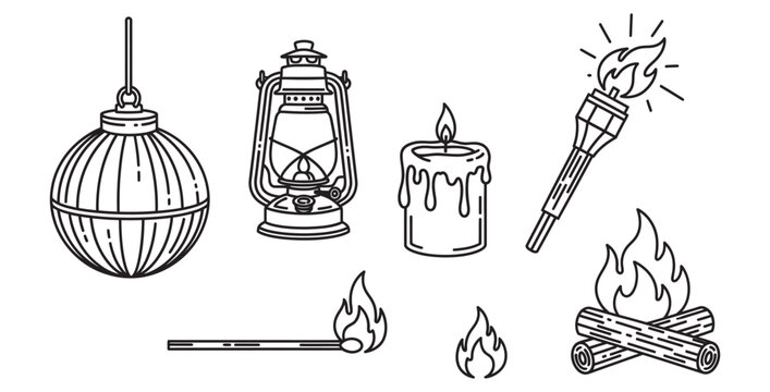 Collection of various black outline icons representing different sources of light and fire including a hanging lamp lantern candle torch matchstick and campfire