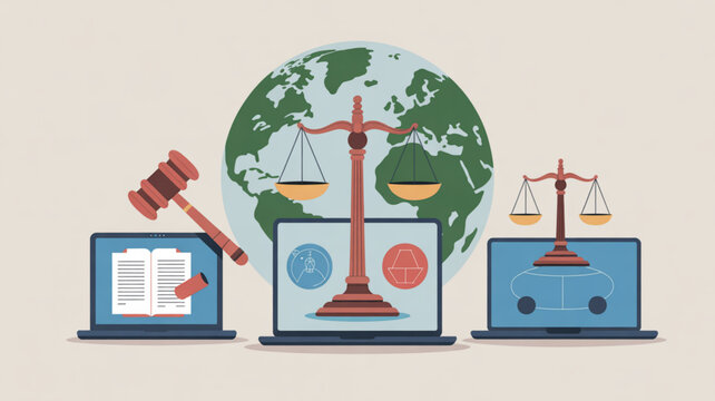 Global justice and law concept with laptops scales and gavel in front of earth globe