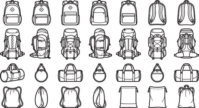 A comprehensive collection of various bags outlines arranged in rows, offering diverse styles for various uses. The bags vary from backpacks, duffel bags and daypacks.