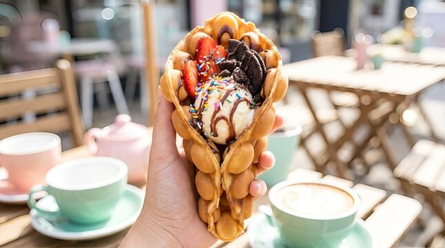 A close-up shot of a hand holding a delectable bubble waffle filled with vanilla ice cream, fresh strawberries, and chocolate cookies, enjoyed at an outdoor cafe on a sunny day.