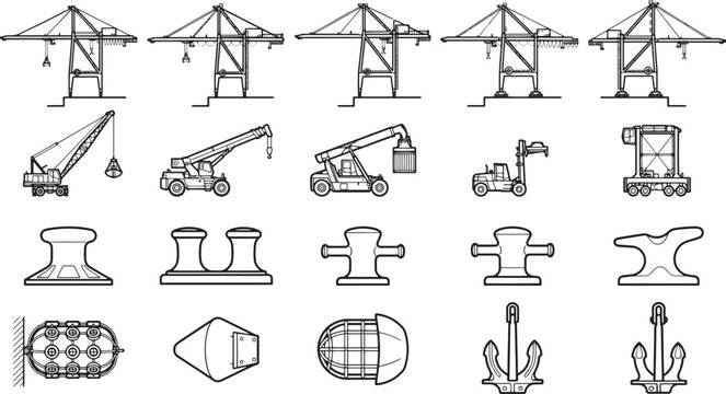 A detailed monochrome illustration showcases essential maritime infrastructure components: cranes, dock equipment, and mooring apparatus, meticulously depicted.