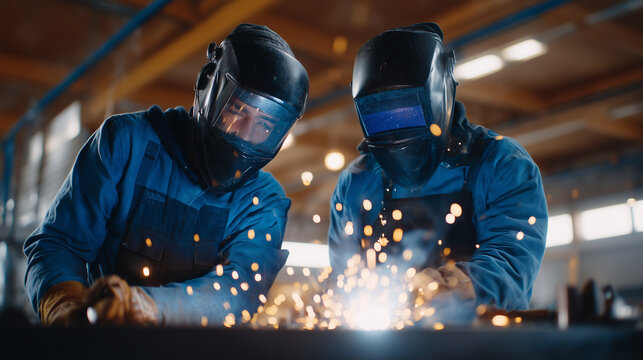 Veteran mentor demonstrating welding technique to younger apprentice in vocational training facility, protective masks lowered momentarily for instruction, sparks frozen mid-flight around metal work