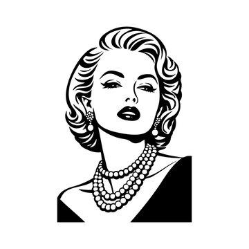 Logotipo boutique de moda. Dibujo con l&iacute;neas de la cabeza de una mujer con peinado, collar de perlas y ropa estilo vintage 