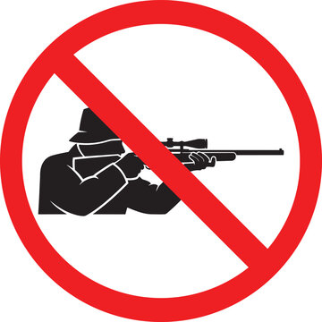 Silhouette of a hunter with a rifle inside a red prohibition sign symbolizing no hunting or restricted areas vector illustration