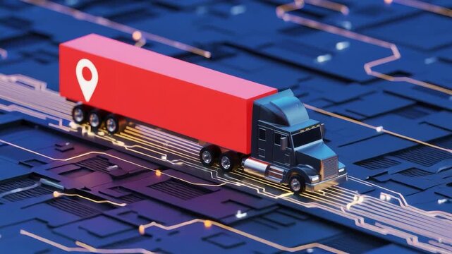 3D illustration of a semi-truck with a red trailer featuring a location pin, driving on a digital circuit board road.