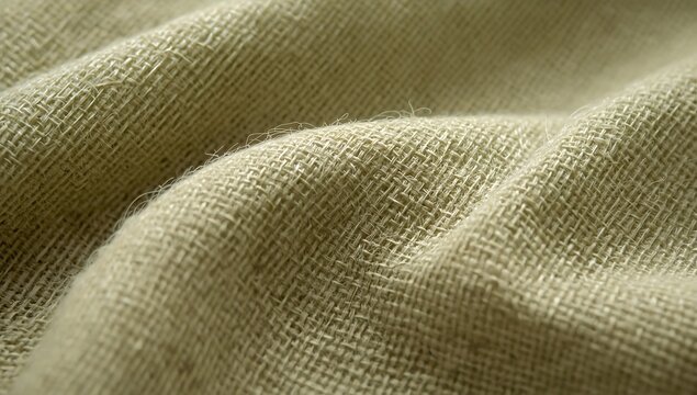 Closeup of desaturated light olive linen fabric texture with soft folds and natural weave pattern