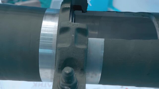 Sectional view of an industrial clamp that connects pipes into a single pipeline. Closeup. Shot in motion