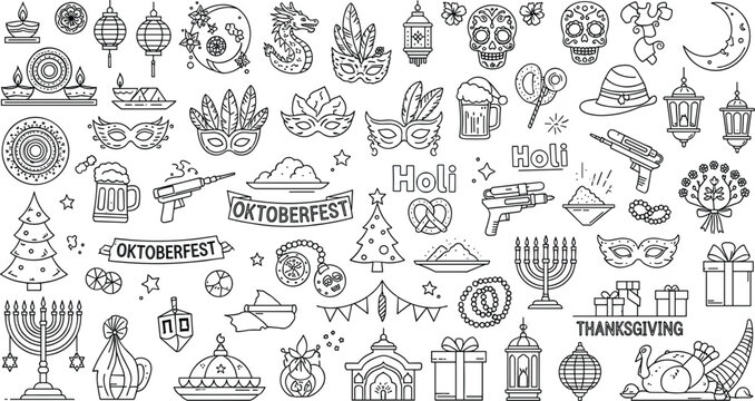 Festivals and Celebrations Icon Set Featuring Oktoberfest, Holi, Thanksgiving, and Various Cultural Symbols for Holiday and Party Designs