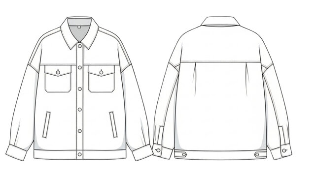 Vector illustration of a denim jacket in CAD design style with front and back views