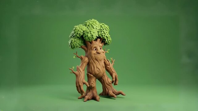 Whimsical Cartoon Tree Character with Face, Arms and Legs on Green Background
