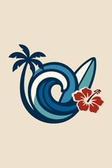 Logo agencia de viajes. Vacaciones en Hawái. Dibujo con líneas de un paisaje con la palma, flor de hibisco, tabla de surf y olas de mar con forma circular  © teracreonte