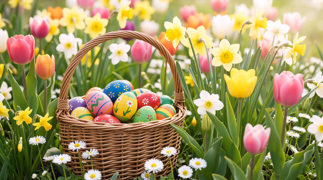 Wicker basket full of decorated Easter eggs sitting in a spring garden. Painted eggs surrounded by blooming tulips and daffodils