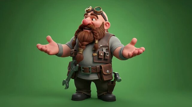 Diligent 3D Cartoon Dwarf Mechanic with Tools on Green Screen