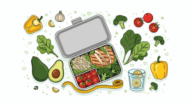 Healthy meal prep lunchbox with grilled chicken, vegetables, and fresh ingredients for a balanced diet.