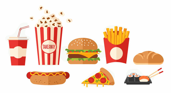 A vibrant collection of popular fast food items including a burger, pizza, hot dog, fries, popcorn, soda, sushi, and a bread roll on a white background.
