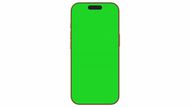 Zoom out animation of orange iPhone 17 with green screen on an isolated background with screen mask and alpha channel for web, App UI, and presentation.