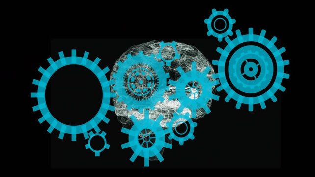 Cyan gears fading in via timeline and revealing glass brain wireframe, visualizing tech concept