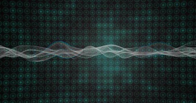 Playback starting, white dotted waveform mesh pulsing across teal grid, visualizing data