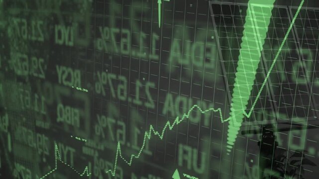Financial chart graphics triggered by ticker update rising, spiking to show market growth