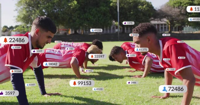 Soccer players doing sync push-ups, camera pullback revealing floating badges growing for tracking