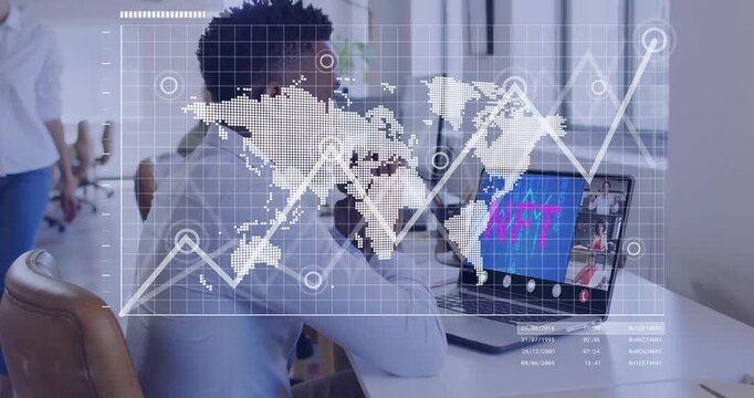 Analyst at desk monitoring NFT metrics on laptop, initiating UI map and rising chart animations