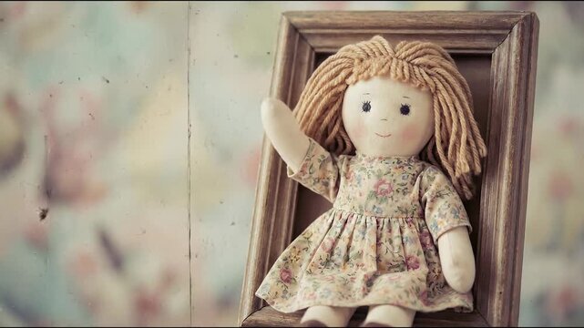 Retro vintage dolls in old movie style concept. Vintage handmade rag doll with yarn hair and floral dress sitting in wooden frame nostalgic childhood toy