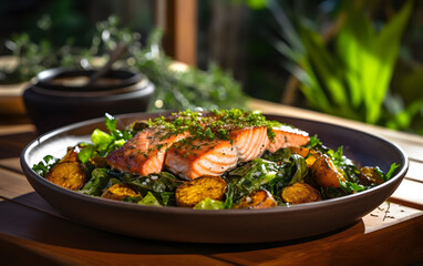 Fototapeta premium Grilled salmon fillet served on a plate with mixed greens and vegetables on a wooden table outdoors