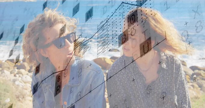 Sitting two women wearing sunglasses exchanging looks and talking on rocky shore, overlays sweeping