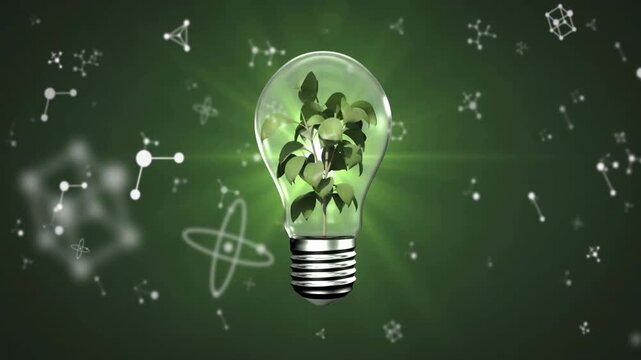 Glass bulb sitting over glyphs, filament flickering initiating sprout growth showing green tech