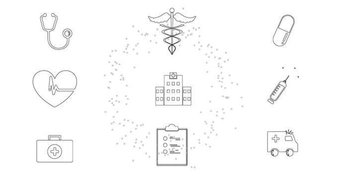 Dot particles appearing around center column expanding ring and settling highlighting medical icons