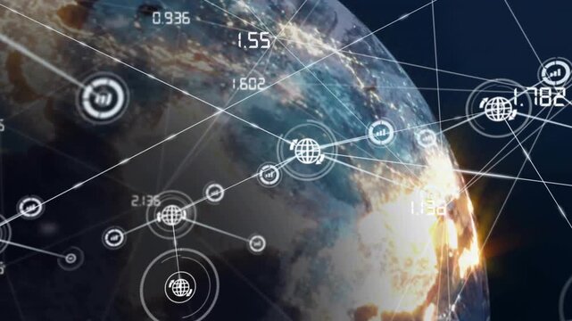Planet Earth rotating in orbit, HUD activating, nodes appearing, linking metrics for tech network