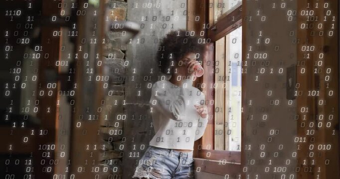 Woman holding glass, shifting and gazing out window when binary digits falling to show data overlay