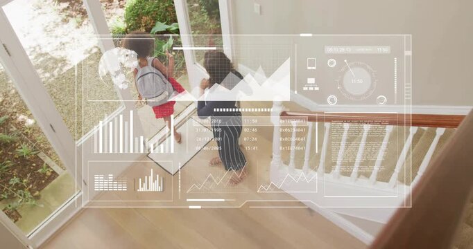 Adult placing hand on shoulder, guiding child through glass door to school, HUD, remaining inside
