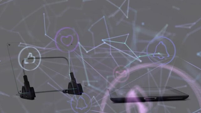 Linking metal stand and slim tablet via neon network with overlay appearing on gray backdrop icons