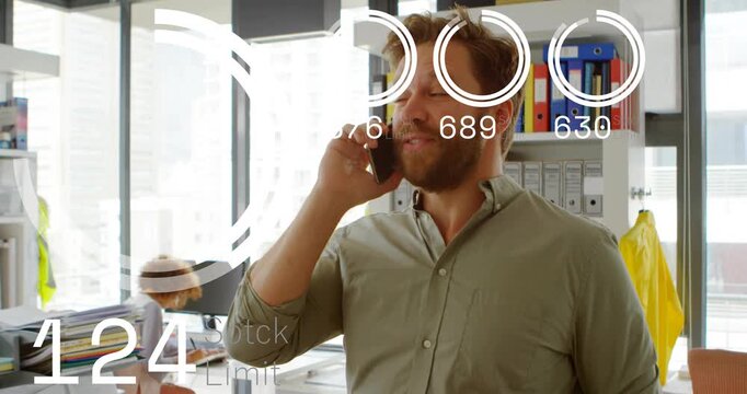 Standing man starting phone call in business showing HUD numbers rising then counting down for data