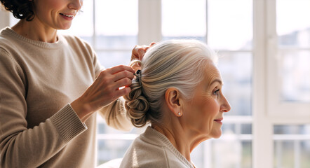 Fototapeta premium Younger woman styling hair of an older senior woman. Intergenerational family care and beauty. Updo hairstyle