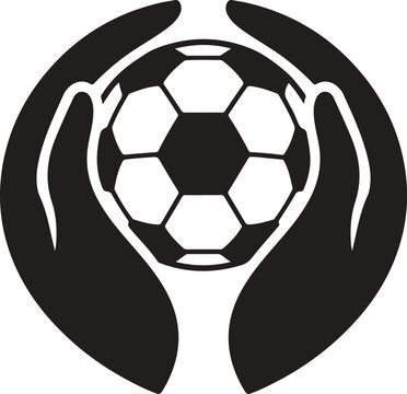 Hands Holding Soccer Ball, Football Care Support and Protection Concept, Minimal Vector Illustration