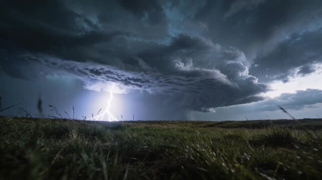 Lightning bolt striking the horizon under a massive dark supercell thunderstorm cloud over a grassy prairie field at twilight.