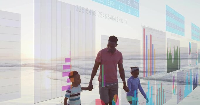 Father walking with kids along shore guiding them and activating overlaid analytics charts