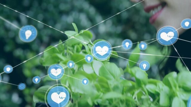 Heart popping over herbs sparking pin or bulb links, she leaning sniffing, agritech linking face pla