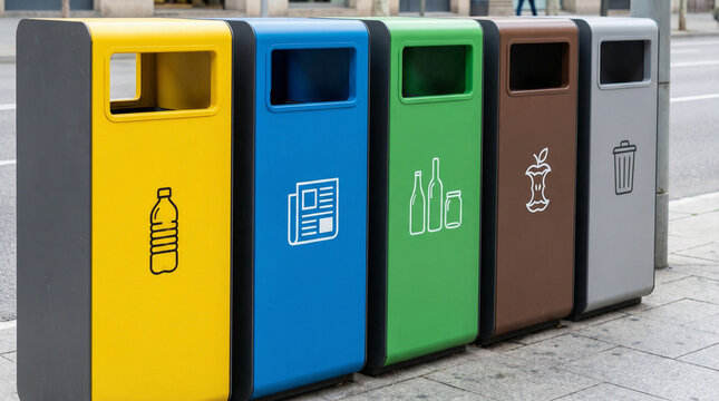 Lixeiras coloridas de coleta seletiva com &iacute;cones para reciclagem e separa&ccedil;&atilde;o de lixo na rua.