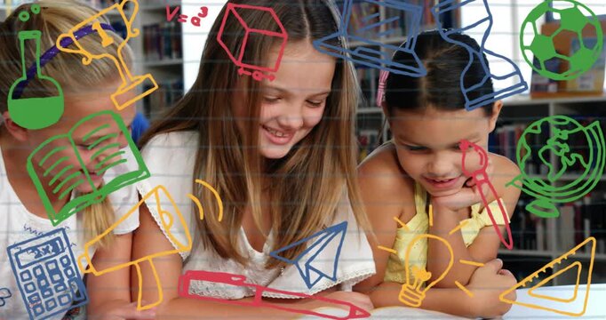 Three girls leaning over open book in library, camera drawing into study while doodles layering