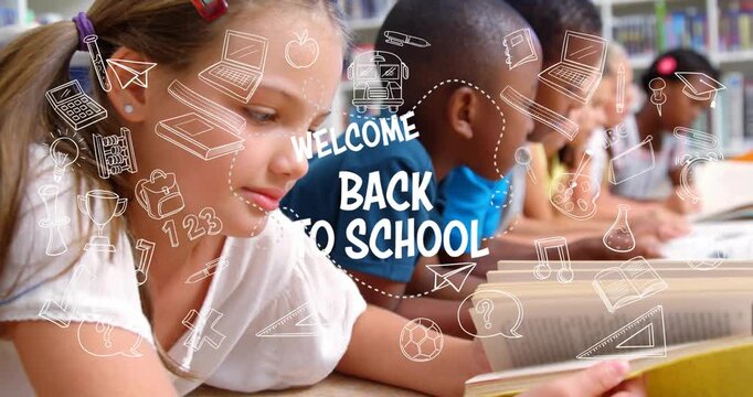 Girl reading yellow book pages turning causing doodles animating over kids WELCOME BACK TO SCHOOL
