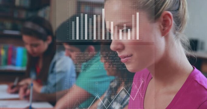 Writing woman in pink top pausing, smiling from notebook as HUD overlays animating, copy space