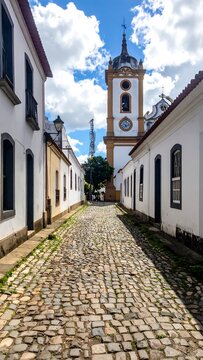 Charming cobblestone street leading to historic church in Paraty, Brazil.